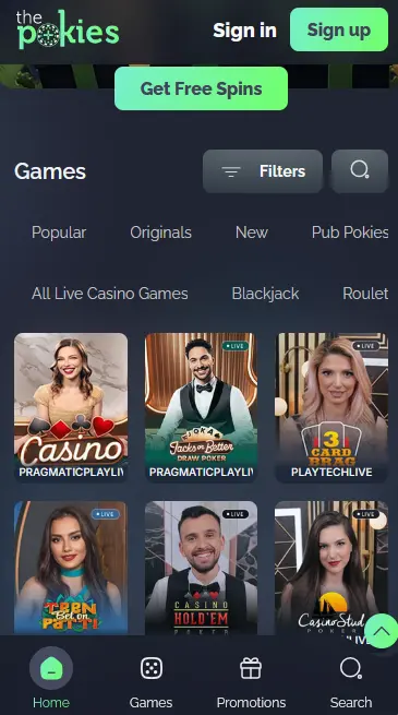 ThePokies Casino mobile app view of the pokies lobby on a smartphone