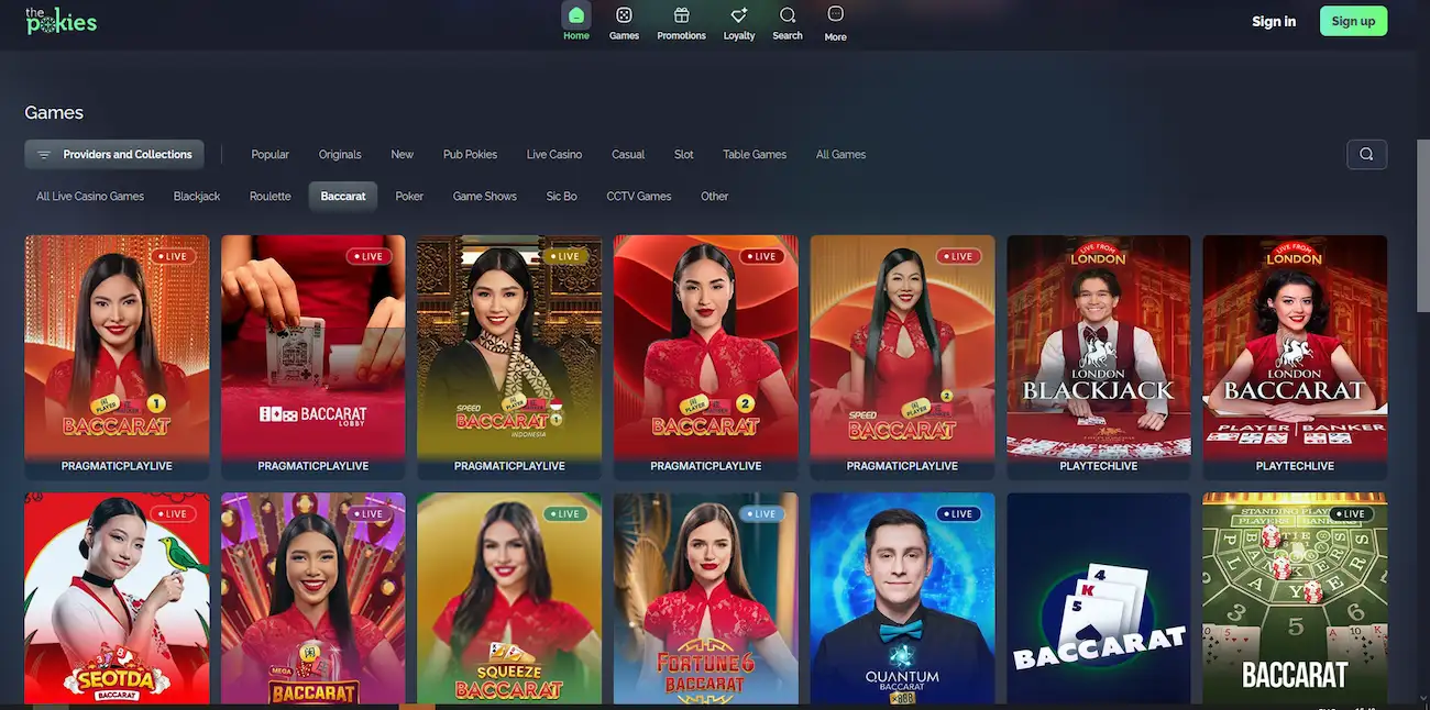 ThePokies Casino live baccarat table streamed by Evolution Gaming