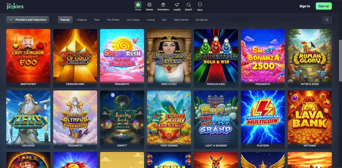 ThePokies Casino online pokies and games lobby with providers and categories menu